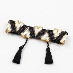 Heart Loom Pattern Seed Beads Adjustable Heart Beaded Bracelet Black White Gold